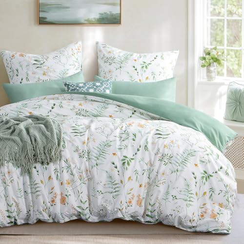 Aisbo Bettwäsche 200x220 3 teilig Bettdeckenbezug - Bettwäsche Set 220x200cm Blumen Grün Muster mit 2 Kissenbezügen 80x80 cm, Mikrofaser Bettbezug mit Reißverschluss, Bügelfrei und Weich von Aisbo