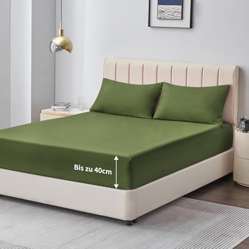 Aisbo Spannbettlaken 140x200cm Bettlaken Boxspringbett - Bett Laken Olivgrün 140x200 aus Premium Mikrofaser, weiches Spannbetttuch 140 x 200 Steghöhe 40cm für Wasserbett Bed Fitted Sheet von Aisbo
