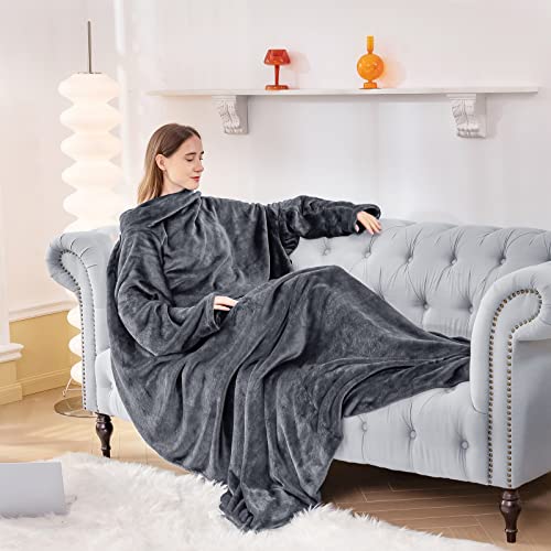 Aisbo TV Decke mit Ärmeln und Füßen - Übergroße Kuscheldecke mit Ärmel und Fußtasche, Decke zum Anziehen Erwachsene Wearable Blanket, Dunkelgrau Ganzkörper Decke mit Armen als Geschenke für Frauen von Aisbo