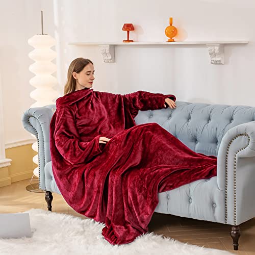 Aisbo TV Decke mit Ärmeln und Füßen - Übergroße Kuscheldecke mit Ärmel und Fußtasche, Decke zum Anziehen Erwachsene Wearable Blanket, Rot Ganzkörper Decke mit Armen als Geschenke für Frauen Männer von Aisbo
