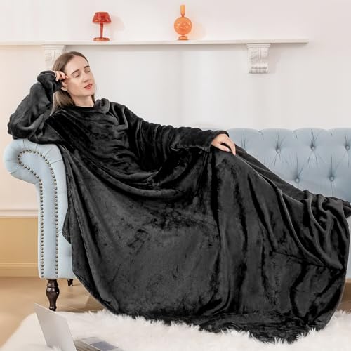 Aisbo TV Decke mit Ärmeln und Füßen - Übergroße Kuscheldecke mit Ärmel und Fußtasche, Decke zum Anziehen Erwachsene Wearable Blanket, Schwarz Ganzkörper Decke mit Armen als Geschenke für Frauen Männer von Aisbo