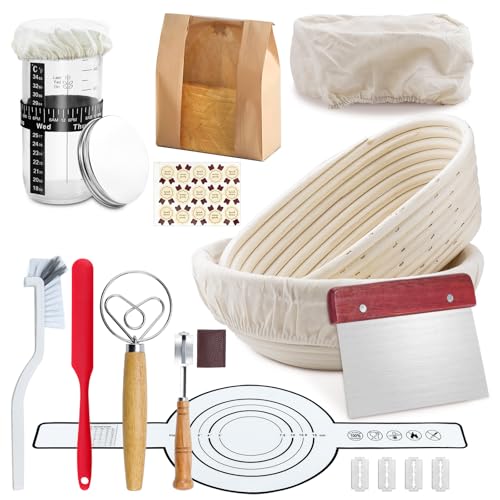 Aischens Komplettes Sauerteig-Starter-Set mit 12 Teilen:10-Zoll ovaler & 9-Zoll runder Brotkorb,Silikon-Brotschlinge,Hefe-Treibmittel-Glas,Teigmischer,Schüsselschaber & Teigschaber-Set von Aischens