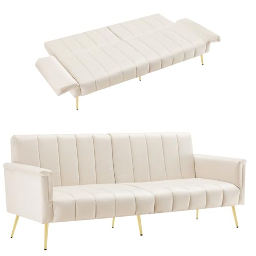 2 Sitzer Sofa mit Schlaffunktion, 5 Stufen Verstellbare Rückenlehne und Verstellbare Armlehnen, Klappsofa mit Schlaffunktion, Sofabett, Metallfüßen, Schlafsofa, 183×76×75 cm (Beige) von Aislinglen