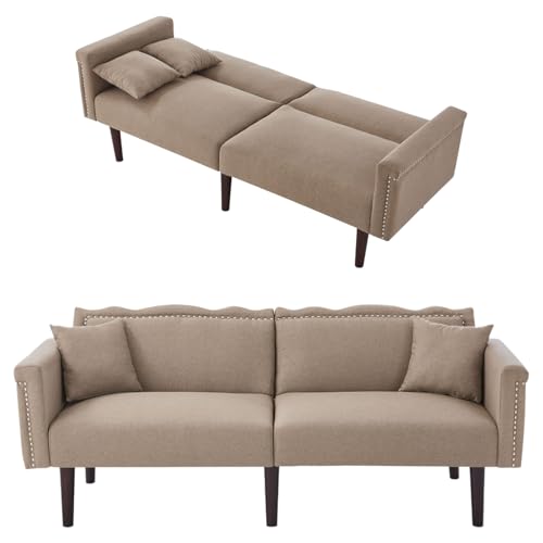 2 Sitzer Sofa mit Schlaffunktion, Unabhängig Verstellbare Doppelrückenlehnen, Couch mit Schlaffunktion, Nieten-Metallverzierungen, 6 Stabile Holzfüße, Schlafcouch, Sofabett, 176 X 72 X 72 cm (braun) von Aislinglen