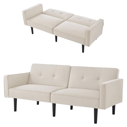 2 Sitzer Sofa mit Schlaffunktion, Unabhängig Verstellbare Doppelrückenlehnen, Klappcouch mit Schlaffunktion, 6 Holzbeine, Weiches Sitzgefühl, Schlafsofa, Klappsofa, 176 X 76 X 74 cm (Beige) von Aislinglen