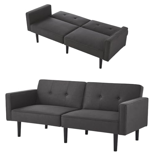 2 Sitzer Sofa mit Schlaffunktion, Unabhängig Verstellbare Doppelrückenlehnen, Klappcouch mit Schlaffunktion, 6 Holzbeine, Weiches Sitzgefühl, Schlafsofa, Klappsofa, 176 X 76 X 74 cm (Schwarz) von Aislinglen