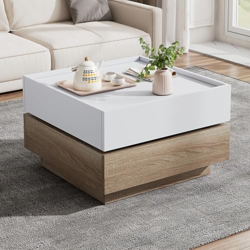 Aislinglen 360° Drehbar Couchtisch Weiß, Couchtisch mit 2 Schublade, Wohnzimmer Tisch, Sofa Tisch, Weiß + Walnuss, Quadratisch 60×60×38 cm (Stil A) von Aislinglen