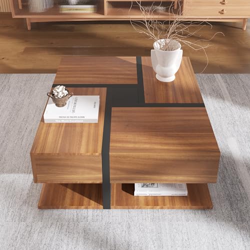 Aislinglen Couchtisch, Wohnzimmertisch mit 4 Schubladen, Beistelltisch mit Unten Stauraum, Sofatisch, Moderner Kaffeetisch, Mitteltisch 78x78x36 cm (Schwarz und Naturholz) von Aislinglen