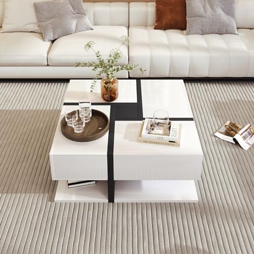 Aislinglen Couchtisch, Wohnzimmertisch mit 4 Schubladen, Beistelltisch mit Unten Stauraum, Sofatisch, Moderner Kaffeetisch, Mitteltisch 78x78x36 cm (Weiß und Schwarz) von Aislinglen
