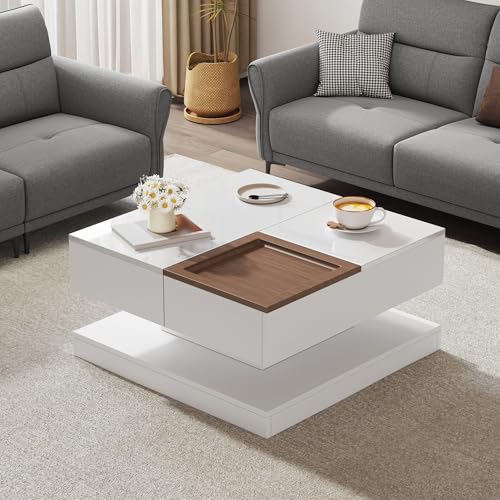 Aislinglen Couchtisch Höhenverstellbar, Couchtisch Weiß mit 4 Fächern, Abnehmbares Tablett, Wohnzimmertisch, Esstisch Höhenverstellbar, 75.5x75.5x38-51.5 cm, Weiß + Holzoptik (Stil B) von Aislinglen