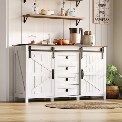 Aislinglen Kommode mit 4 Schubladen und Schiebetüren, Sideboard Weiss, Große Tischplatte, Komodenschrank, Metallgriffe, Wohnzimmerschrank, Kommode Küche, 137x 40x81.5 cm (Stil A) von Aislinglen