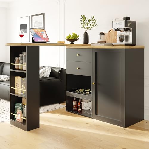 Aislinglen Kücheninsel mit Bartisch, Küchenschrank mit Offene Ablageflächen 3 Ebenen, Kücheninsel Freistehend Holz, 360° Drehbarer Seitenrahmen, Küchenmöbel, Hauptkörper: 105 X 39 X 102 cm (Schwarz) von Aislinglen