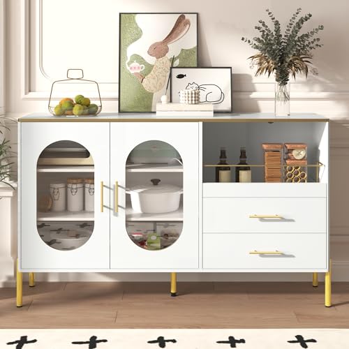 Aislinglen Moderne Sideboard, Kommode mit 2 Schubladen & 2 Glastüren, Küchenschrank, Vitrinenschrank, Schrank für Wohnzimmer, Esszimmer, Flur, Weiß + Gold (140 L x 38 B x 90 H) von Aislinglen