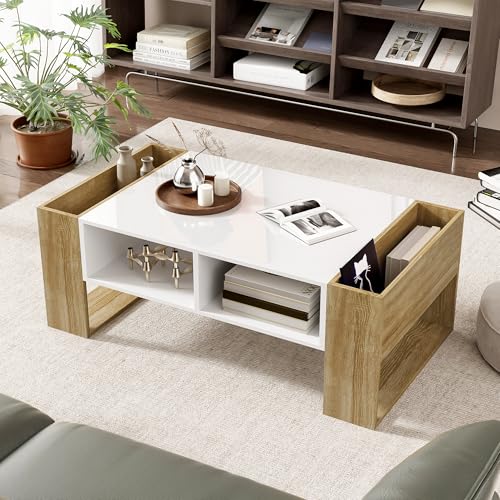 Aislinglen Moderner Couchtisch, Sofatisch mit Schubladen und offenen Fächern, Wohnzimmertisch mit Stauraum, Beistelltisch, 105 x 60 x 40 cm (Holz + Weiß) von Aislinglen