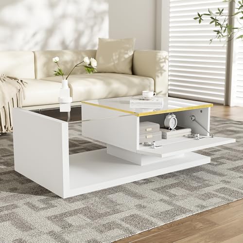 Aislinglen Moderner LED Couchtisch, Sofatisch mit Glasplatte und offenen Regalen, Beistelltische, Wohnzimmertisch, Hochglanz (Weiß, 90 × 50 × 32.5 cm) von Aislinglen
