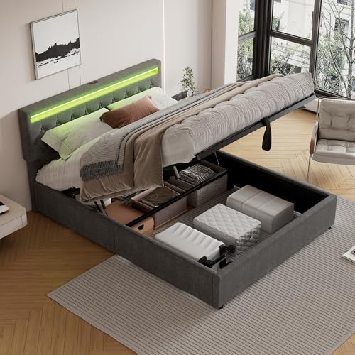 Aislinglen Polsterbett, LED Bett mit Großer Stauraum und Lattenrost, Doppelbett mit USB und Typ C Anschluss, Hydraulisch Stauraumbett, Jugendbett, Bettgestell, Leinen, Ohne Matratze (Grau, 160x200) von Aislinglen