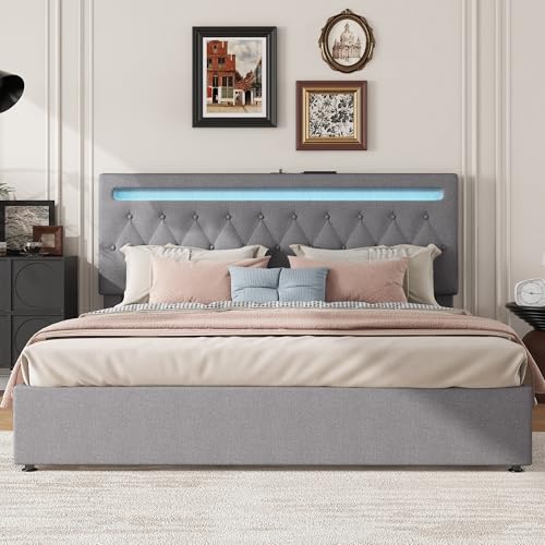 Aislinglen Polsterbett, LED Bett mit Großer Stauraum und Lattenrost, Doppelbett mit USB und Typ C Anschluss, Hydraulisch Stauraumbett, Jugendbett, Bettgestell, Leinen, Ohne Matratze (Grau, 180x200) von Aislinglen