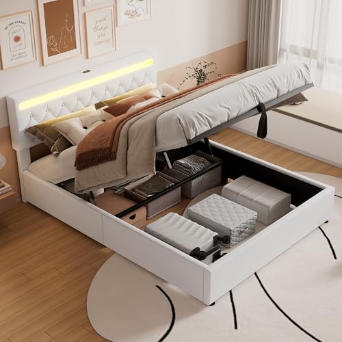 Aislinglen Polsterbett, LED Bett mit Großer Stauraum und Lattenrost, Doppelbett mit USB und Typ C Anschluss, Hydraulisch Stauraumbett, Jugendbett, Bettgestell, Leinen, Ohne Matratze (Weiß, 160x200) von Aislinglen