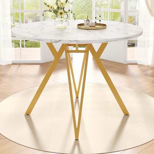 Aislinglen Runder Esstisch 100×100×76cm, Küchentisch 4 Personen, Couchtisch, Kaffeetisch, Tischplatte aus MDF-Marmor, Klein Dining Table für Esszimmer, Wohnzimmer (Stil B, Weiß+Gold) von Aislinglen