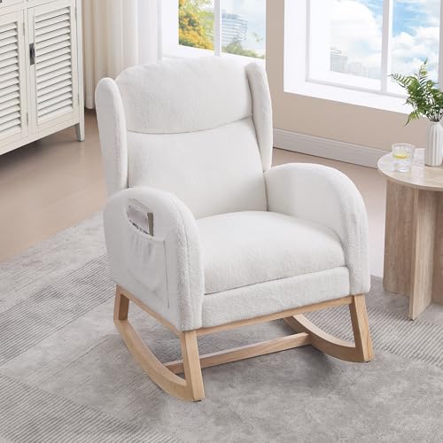 Aislinglen Schaukelstuhl, Relaxsessel mit Holzgestell, Wohnzimmer Sessel mit Verstellbare Fußstütze, Stillstuhl mit Hoher Rückenlehne, Lesesessel mit Tasche, Teddy-Stoff (Weiß) von Aislinglen
