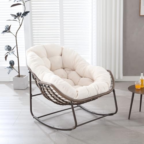 Aislinglen Schaukelstuhl Outdoor, Bequemer Rattan Wohnzimmer Sessel, Relaxsessel mit Dicken Kissen, Lesesessel, Moderner Gartensessel für Balkon, Veranda, Garten, Hinterhof, Terrasse (Elfenbein) von Aislinglen