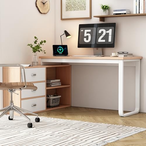 Aislinglen Schreibtisch mit Stauraum, Eckschreibtisch L Form, Bürotisch mit Offene Ablagefächer, Schminktisch, Computertisch, Breite und Dicke Tischplatte (Naturfarbe + Weiß) von Aislinglen