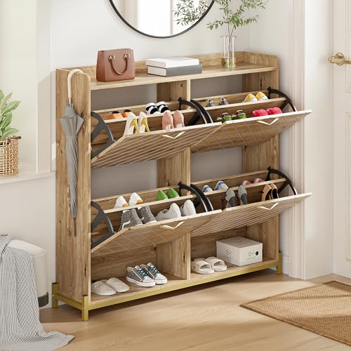 Aislinglen Schuhschrank mit 4 Türen, Modernes Schuhregal in Holzoptik, Schmaler Schuhschrank, Shoe Cabinet, Schuhkipper mit Metallrahmen für Eingangsbereich, Flur oder Halle Aislinglen Schuhschrank mit 4 Türen, Modernes Schuhregal in Holzoptik, Schmaler Schuhschrank, Shoe Cabinet, Schuhkipper mit Metallrahmen für Eingangsbereich, Flur oder Halle von Aislinglen