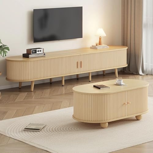 Aislinglen Wohnzimmer-TV-Schrank mit Stauraum + Couchtisch-Kombination, ovale Kombination in Originalholzfarbe, Wohnzimmermöbel 2-teiliges Set, MDF (100 x 50 x 40 + 175 x 40 x 42 cm) von Aislinglen