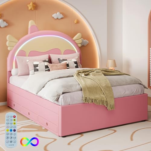 Kinderbett 140x200 cm, Cartoon Bett Einhornform, Polsterbett mit 2 Schubladen und LED-Beleuchtung, Mädchen Betten, Bettgestell mit Lattenrost, Ausgestattet mit Ausziehbares Rollbett, PU, Rosa Kinderbett 140x200 cm, Cartoon Bett Einhornform, Polsterbett mit 2 Schubladen und LED-Beleuchtung, Mädchen Betten, Bettgestell mit Lattenrost, Ausgestattet mit Ausziehbares Rollbett, PU, Rosa von Aislinglen
