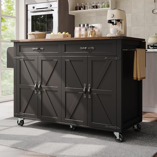 Kücheninsel mit Arbeitsplatte Ausziehbarer, Küchenschrank mit 2 Türen und 2 Schubladen, Kücheninsel Auf Rollen, Sideboard Küche, Verstellbaren Einlegeböden, 140 X 45 X93 cm (Schwarz) von Aislinglen
