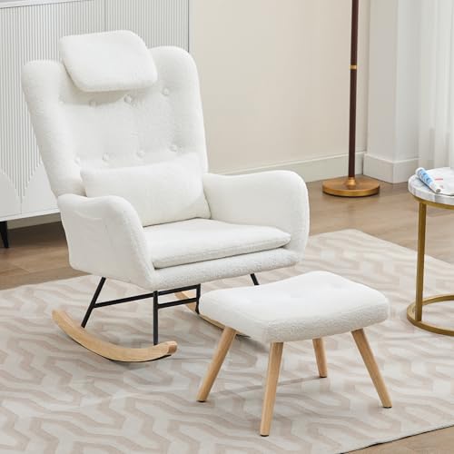 Schaukelstuhl mit Hocker, Moderner Freizeitstuhl mit Hoher Rückenlehne, Weißer Wohnzimmer Sessel, Gepolsterter Sessel, Relaxsessel, Lesesessel, Teddy-Samt, Geeignet für Schlafzimmer, Balkon, Garten Schaukelstuhl mit Hocker, Moderner Freizeitstuhl mit Hoher Rückenlehne, Weißer Wohnzimmer Sessel, Gepolsterter Sessel, Relaxsessel, Lesesessel, Teddy-Samt, Geeignet für Schlafzimmer, Balkon, Garten von Aislinglen