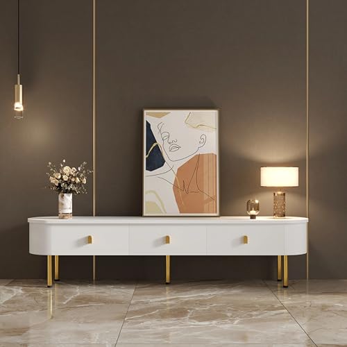 TV-Lowboard, TV Schrank mit 3 Schubladen, TV-Ständer mit Goldenen Griffen und Beinen, Fernsehschrank Geschwungenen Ecken, Sideboard für Wohnzimmer, Schlafzimmer, Esszimmer (174 x 35 x 41 cm) von Aislinglen