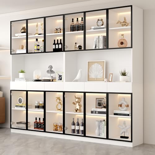 Vitrinenschrank mit LED Lichtern, Glasvitrine Stehend mit Offenem Stauraum, Hochschrank Bücherregal mit 12 Türen, Vitrine für Sammlung Schlafzimmer Wohnzimmer Büro, Weiß und Schwarz (2) von Aislinglen
