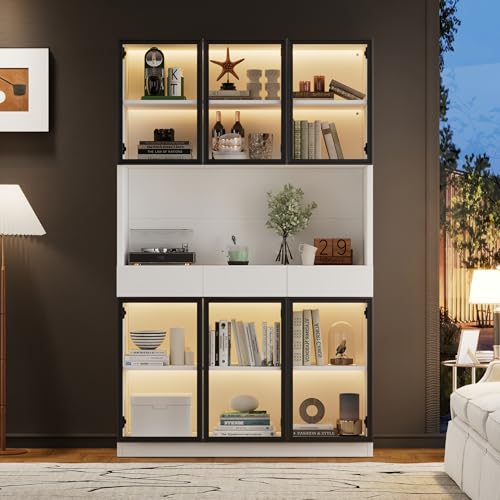 Vitrinenschrank mit LED Lichtern, Glasvitrine Stehend mit Offenem Stauraum, Hochschrank Bücherregal mit 6 Türen, Vitrine für Sammlung Schlafzimmer Wohnzimmer Büro, Weiß und Schwarz (1) von Aislinglen