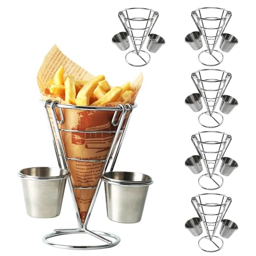 Aisny 6er Set Pommeshalter Edelstahl, Pommestüten Halter mit Dip Schalen Abnehmbar, Pommes Korb & Dipschalen Set, Fingerfoodhalter Pommes Körbchen, Pommes Ständer, HD 14,5 x 10cm von Aisny