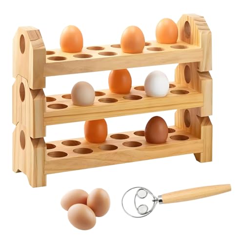 Eierregal 3 Ebenen, Stapelbares Holz Eierhalter EierbehäLter Eier Aufbewahrung Eierkorb mit 24cm Schneebesen GroßEr Kapazität Eierkarton Eier Aufbewahrung KüHlschrank für 36 Eier von Aisny