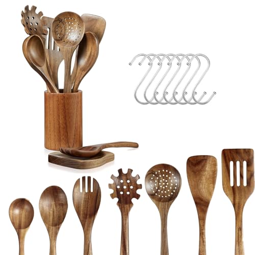 Kochlöffel Set Holz, 16 Teiliges Küchenhelfer Set Küchenutensilien Holzkochlöffel Kochbesteck Set (4 Holzlöffel +3 Pfannenwender +1 Tablett +1 Holzlöffelhalter +7 Haken) von Aisny