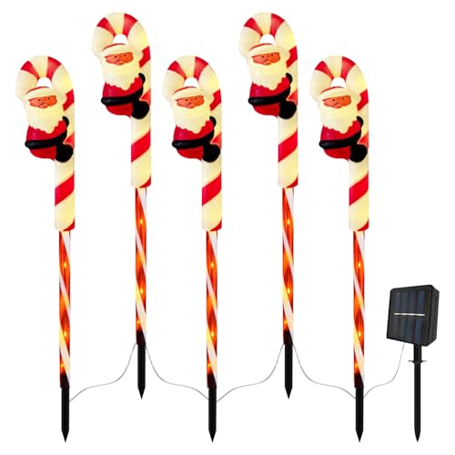 Solar Weihnachten Lichter, 5 Stück Led Gartenstecker Lichter Weihnachtsweg Marker Beleuchtet wasserdichte Lichterkette Außen Dekorationen für Garten Weihnachtsdeko Rasen (Krücke) von Aisny