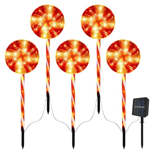 Solar Weihnachten Lichter, 5 Stück Led Gartenstecker Lichter Weihnachtsweg Marker Beleuchtet wasserdichte Lichterkette Außen Dekorationen für Garten Weihnachtsdeko Rasen (Lutscher) von Aisny