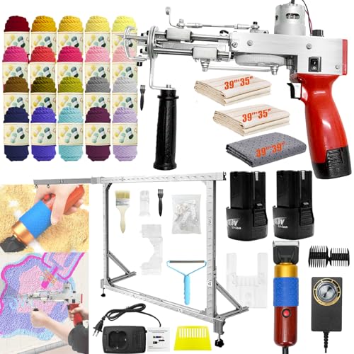 Tufting Gun, Tufting Set Tufting Machine Teppich Pistolen 2*2600mAh Akku mit 27,5 x 27,5'' Aluminium Legierungsrahmen Teppichschneider für Schnittflor Schlingenflor 20 Rollen Garn mit Tufting Tücher von Aisny