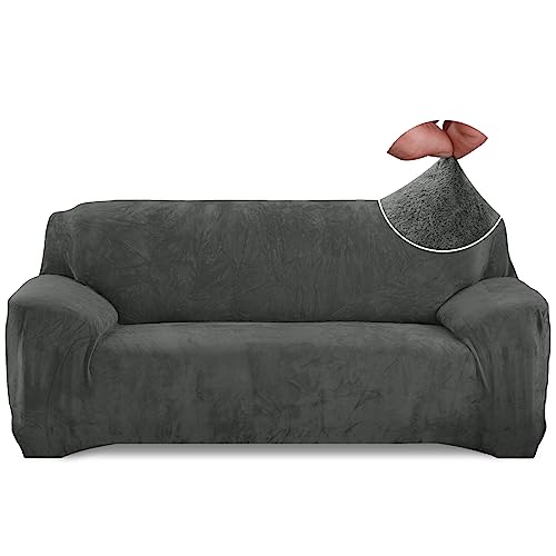 Aisprts Dicker Samt Sofa Überzug 4 Sitzer, Elastische Sofabezug Couch Überzug, 1 Stück Universal Sofaschoner Wohnzimmer Sofaüberwurf rutschfeste Waschbare Sofahusse (4 Sitzer, T4 Grau) von Aisprts