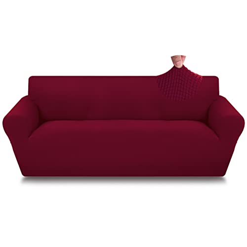 Sofa Überzug 3 Sitzer, Elastische Sofabezug Couch Überzug, 1 Stück Universal Sofaschoner, Wohnzimmer Polyester Elasthan Stoff Sofaüberwurf, Rutschfeste Waschbare Sofahusse (3 Sitzer, T1 Weinrot) von Aisprts