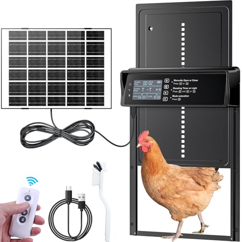 Hühnerklappe Solar,Aluminum Automatische Hühnerklappe,Hühnerklappe Hühnertür mit Wasserdicht Großes Display,Lichtsensor, Fernbedienung, Anti-Pinch, Timer für Sichere Hühnerhaltung von Aissom