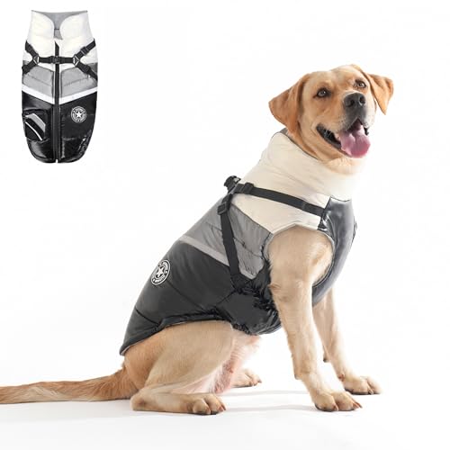 Aisuowa Hundejacke Wasserdichter Hundemantel mit Geschirr Warme Wintermantel Hund Welpen Jacken Winddichte Reflektierende Hundekleidung mit Tasche und D-Ring für Kleine Mittel GroÃŸe(Schwarz&Grau, L) von Aisuowa