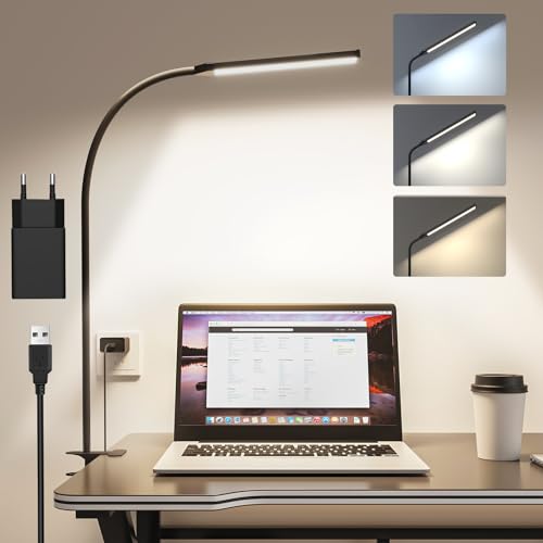 Aisutha Schreibtischlampe Klemmbar, Schreibtischlampe Led mit Stecker, 3 Farben, 10 Helligkeiten, Schreibtisch Lampe Dimmbar, Augenschutz, füR BüRo, Arbeitszimmer und Schneidert (Schwarz-1) von Aisutha