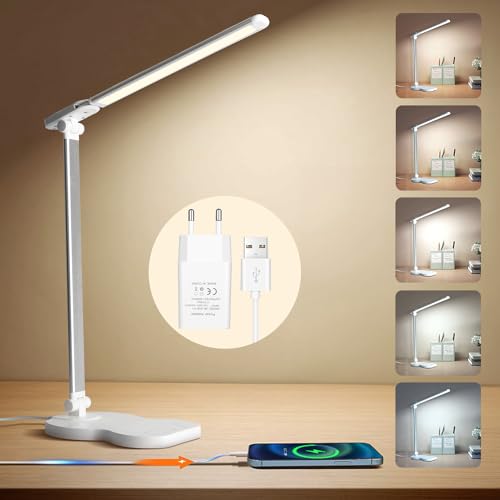 Aisutha Schreibtischlampe LED Dimmbare Tischleuchte 5 Farb und 10 Helligkeitsstufen Nachttischlampe USB-Anschluss für Aufladung des Smartphones für Kinder, Büro-Weiß [Energieklasse G] von Aisutha
