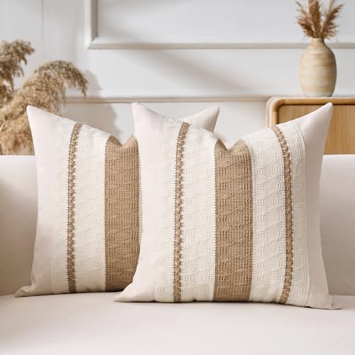 Aisybaklyn Kissenbezug 45x45 2er Dekokissen Kissenhüllen Boho Deko Baumwolle Sofakissen Braun Gestreift Gewebt Strukturiert Moderner Bauernhaus Dekorative Kissenbezüge für Sofa Schlafzimmer Wohnzimmer von Aisybaklyn