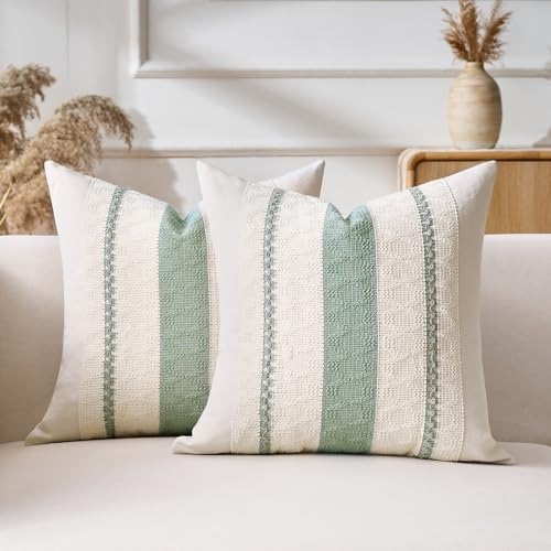 Aisybaklyn Kissenbezug 50x50 2er Set Boho Deko Kissenbezüge Baumwolle und Leinen Dekokissen Sofakissen Dekorative Kissenhülle Frühling Modern Salbeigrün Bauernhaus Gewebt Strukturiert Zierkissenbezug von Aisybaklyn
