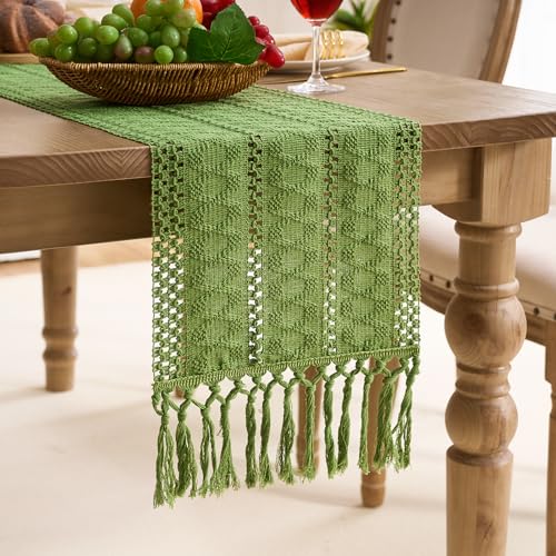 Aisybaklyn Tischläufer Boho Grün 30x140 cm Gehäkelte Retro mit Quasten Tischlaufer Frühling Baumwolle Leinen Waschbar Table Runner für Deko Urlaub Party Esszimmer Tabletop Tisch Beistellschrank von Aisybaklyn