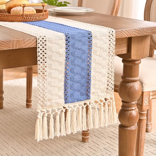 Aisybaklyn Tischläufer Hellblau 180cm Lang Tischdeko Outdoor Rustikale Boho Table Runner Rustikale Boho Tisch Läufer Hohle Mesh Tischlaufer für Urlaub Party Hochzeit Küche Tischdeko, 30x180cm von Aisybaklyn